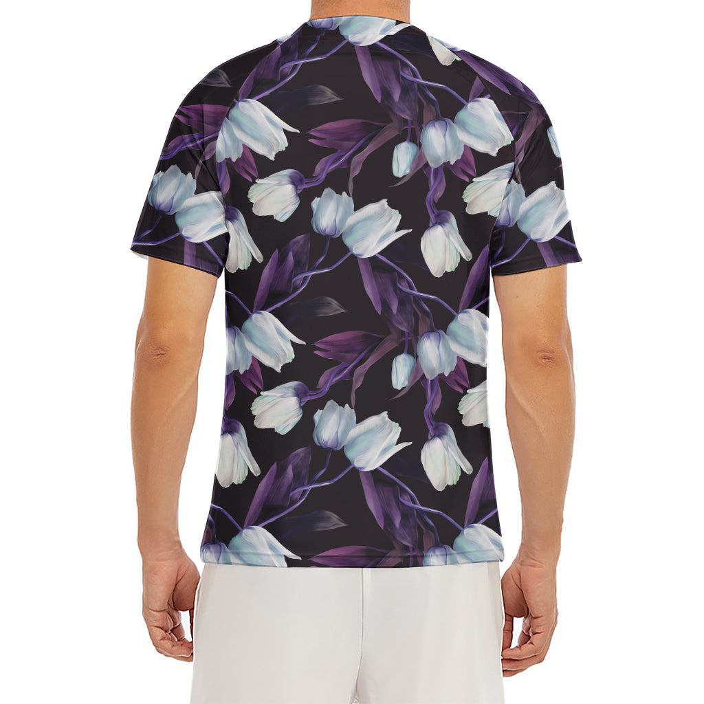 White And Purple Tulip Pattern Print Men's Short Sleeve Rash Guard