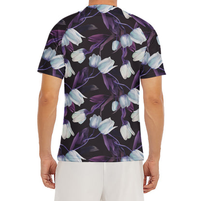 White And Purple Tulip Pattern Print Men's Short Sleeve Rash Guard