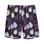 White And Purple Tulip Pattern Print Men's Sports Shorts