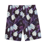 White And Purple Tulip Pattern Print Men's Sports Shorts