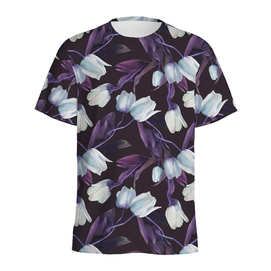 White And Purple Tulip Pattern Print Men's Sports T-Shirt