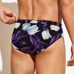 White And Purple Tulip Pattern Print Men's Swim Briefs