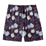 White And Purple Tulip Pattern Print Men's Swim Trunks