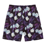 White And Purple Tulip Pattern Print Men's Swim Trunks