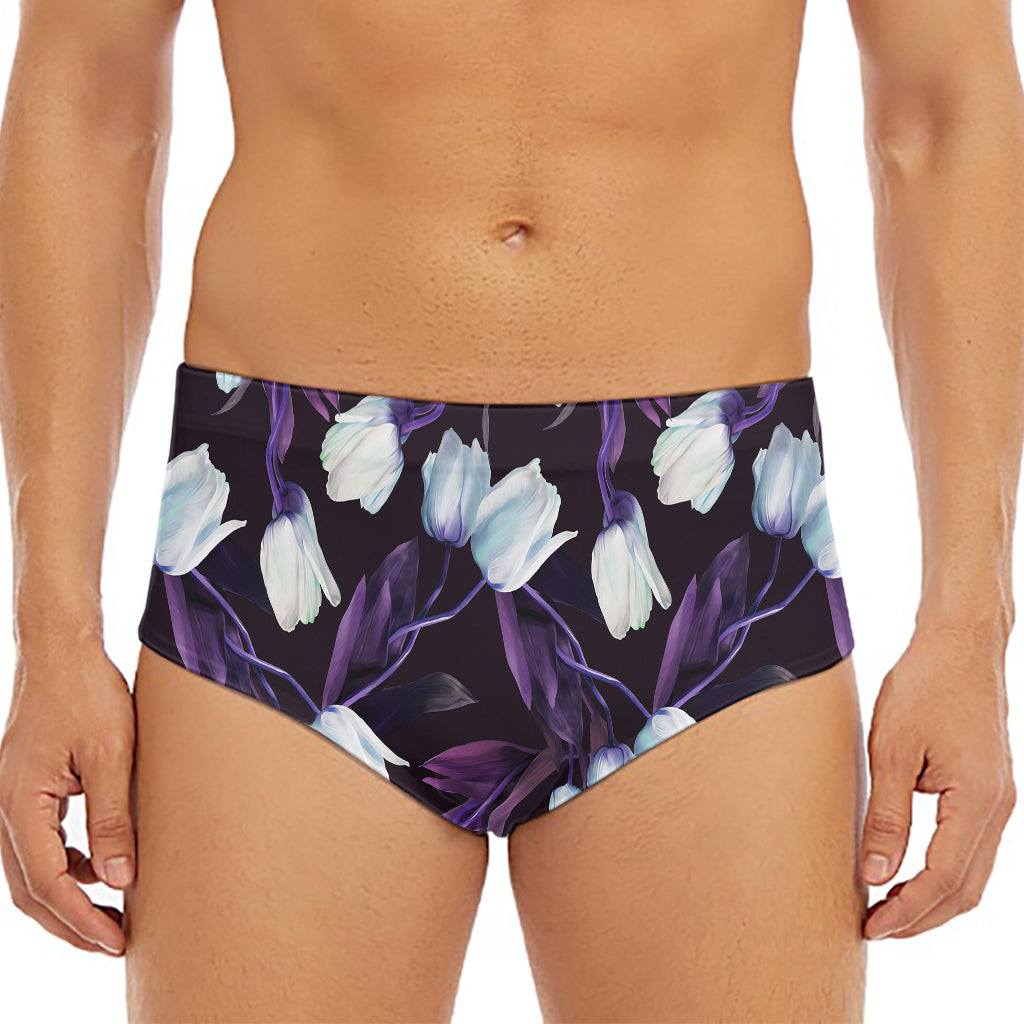 White And Purple Tulip Pattern Print Men's Triangle Swim Briefs