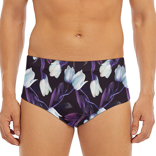 White And Purple Tulip Pattern Print Men's Triangle Swim Briefs