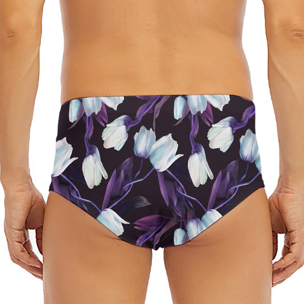 White And Purple Tulip Pattern Print Men's Triangle Swim Briefs
