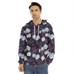 White And Purple Tulip Pattern Print Men's Velvet Pullover Hoodie