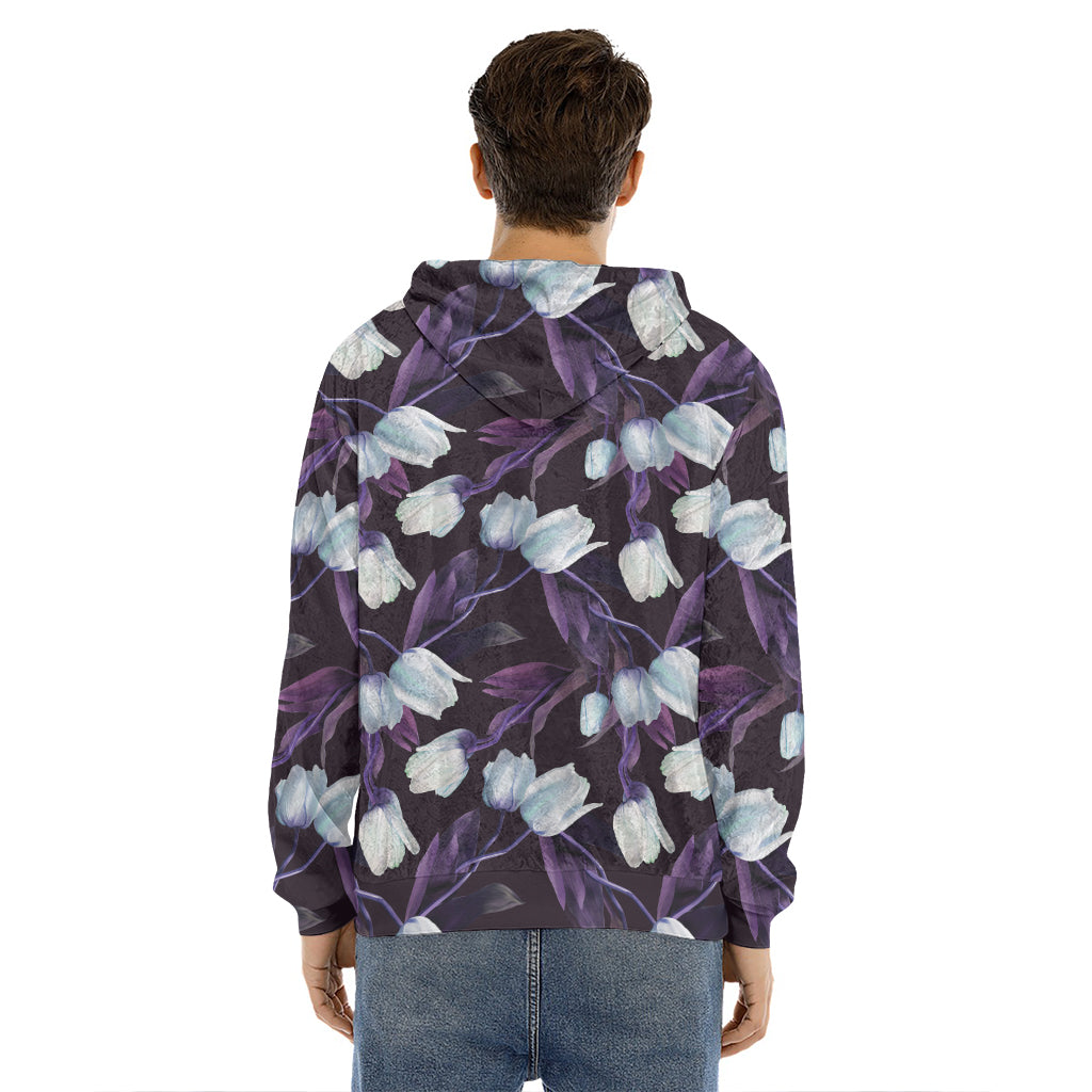 White And Purple Tulip Pattern Print Men's Velvet Pullover Hoodie