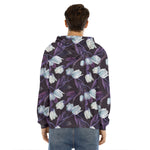 White And Purple Tulip Pattern Print Men's Velvet Pullover Hoodie