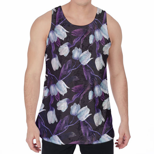 White And Purple Tulip Pattern Print Men's Velvet Tank Top