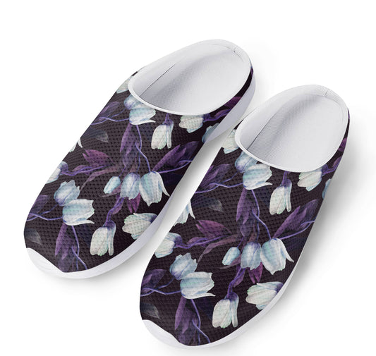 White And Purple Tulip Pattern Print Mesh Casual Shoes