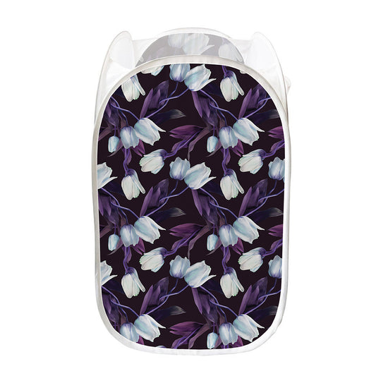 White And Purple Tulip Pattern Print Mesh Laundry Hamper
