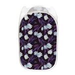White And Purple Tulip Pattern Print Mesh Laundry Hamper