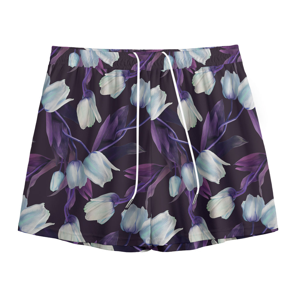 White And Purple Tulip Pattern Print Mesh Shorts