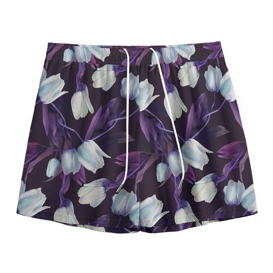 White And Purple Tulip Pattern Print Mesh Shorts