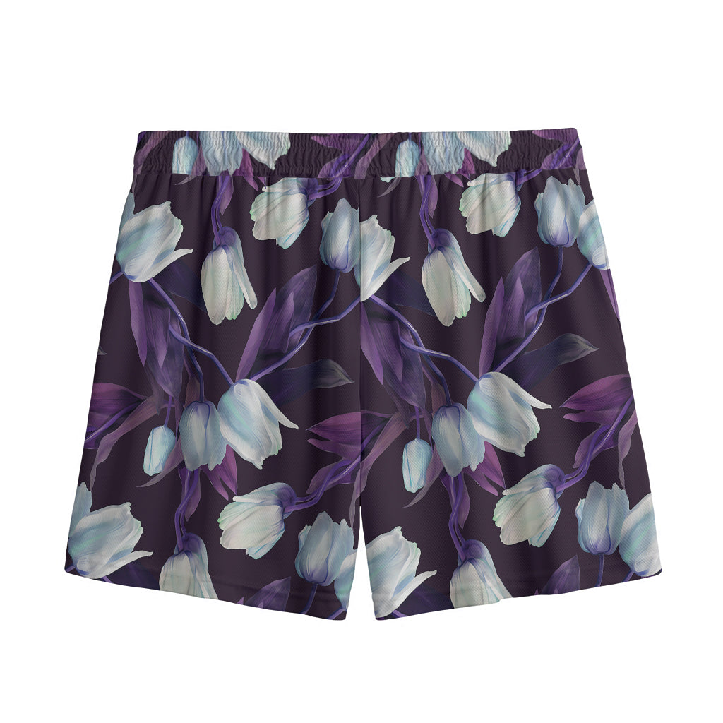 White And Purple Tulip Pattern Print Mesh Shorts