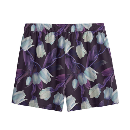 White And Purple Tulip Pattern Print Mesh Shorts