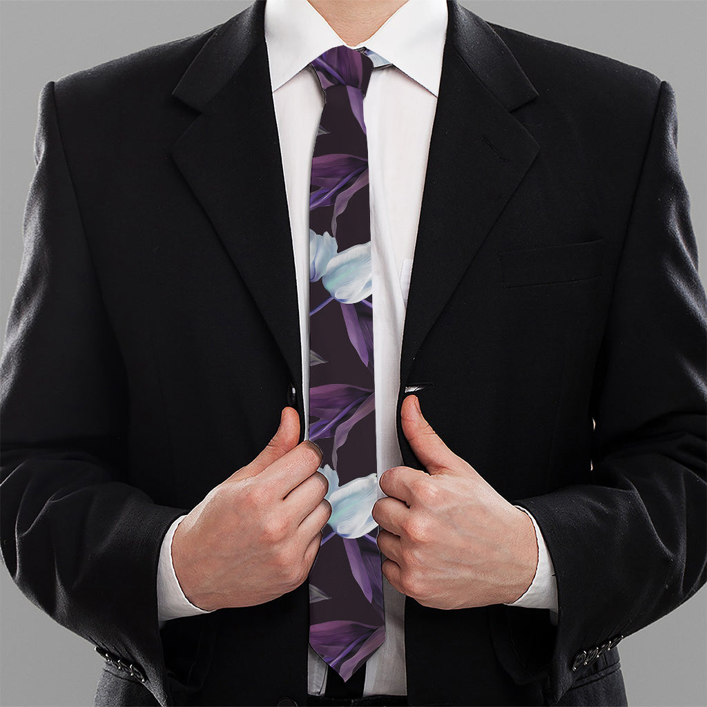 White And Purple Tulip Pattern Print Necktie