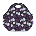 White And Purple Tulip Pattern Print Neoprene Lunch Bag