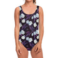 White And Purple Tulip Pattern Print One Piece Swimsuit