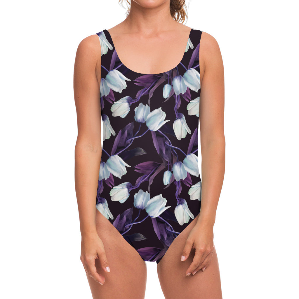 White And Purple Tulip Pattern Print One Piece Swimsuit