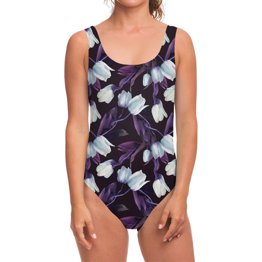 White And Purple Tulip Pattern Print One Piece Swimsuit