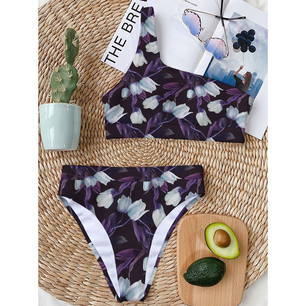 White And Purple Tulip Pattern Print One Shoulder Bikini Top