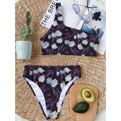 White And Purple Tulip Pattern Print One Shoulder Bikini Top