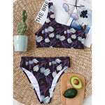 White And Purple Tulip Pattern Print One Shoulder Bikini Top