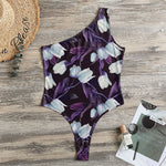 White And Purple Tulip Pattern Print One Shoulder Bodysuit