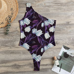 White And Purple Tulip Pattern Print One Shoulder Bodysuit
