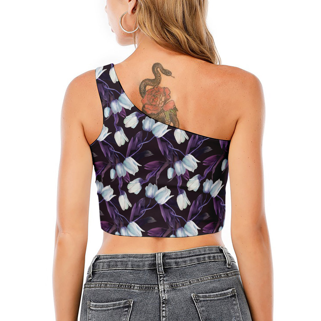 White And Purple Tulip Pattern Print One Shoulder Crop Top