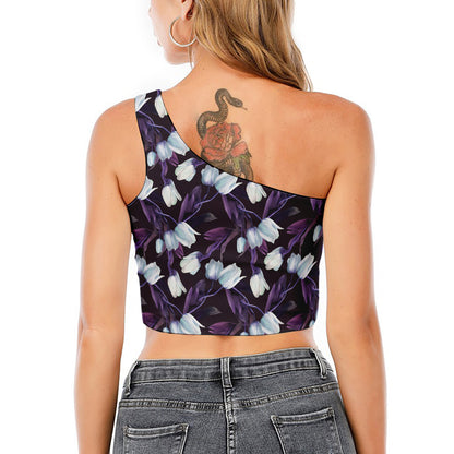 White And Purple Tulip Pattern Print One Shoulder Crop Top
