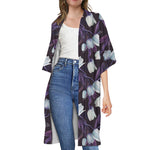 White And Purple Tulip Pattern Print Open Front Beach Cover Up