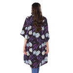 White And Purple Tulip Pattern Print Open Front Beach Cover Up