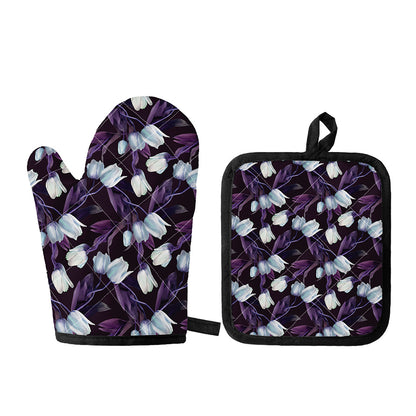 White And Purple Tulip Pattern Print Oven Mitt And Pot Holder Set