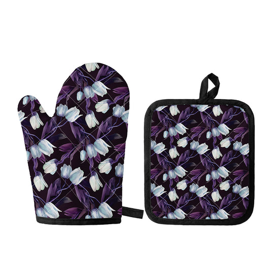 White And Purple Tulip Pattern Print Oven Mitt And Pot Holder Set