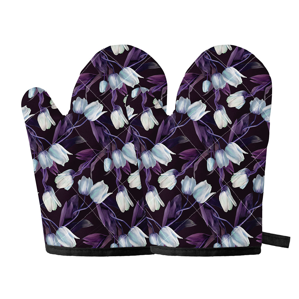 White And Purple Tulip Pattern Print Oven Mitts