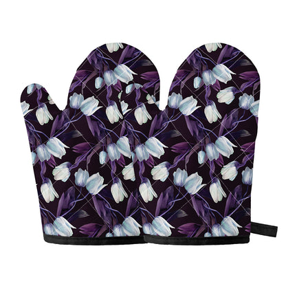White And Purple Tulip Pattern Print Oven Mitts