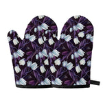 White And Purple Tulip Pattern Print Oven Mitts