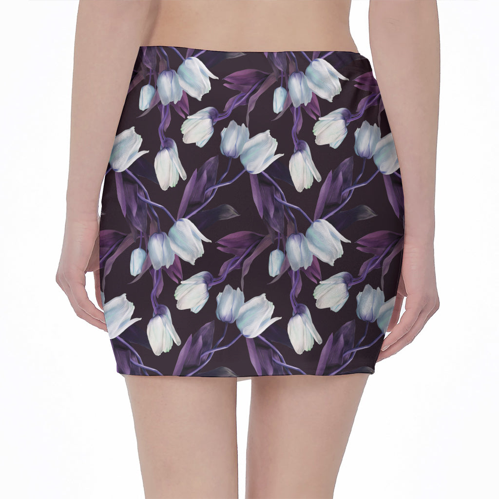 White And Purple Tulip Pattern Print Pencil Mini Skirt