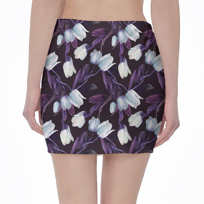 White And Purple Tulip Pattern Print Pencil Mini Skirt