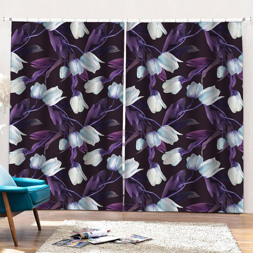 White And Purple Tulip Pattern Print Pencil Pleat Curtains