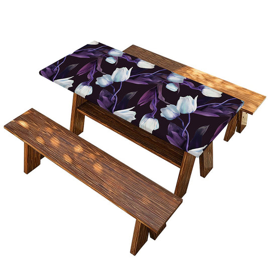 White And Purple Tulip Pattern Print Picnic Table Cover