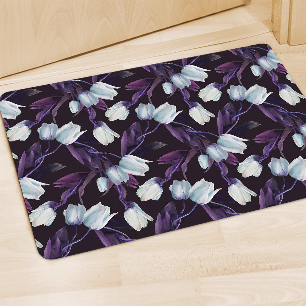 White And Purple Tulip Pattern Print Polyester Doormat