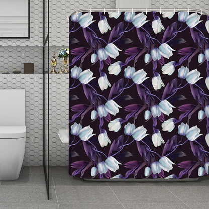 White And Purple Tulip Pattern Print Polyester Shower Curtain