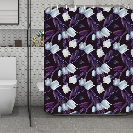 White And Purple Tulip Pattern Print Polyester Shower Curtain