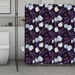 White And Purple Tulip Pattern Print Polyester Shower Curtain