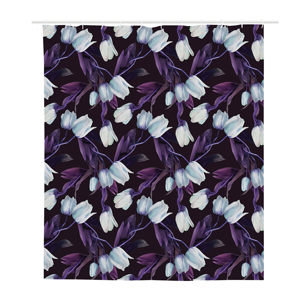 White And Purple Tulip Pattern Print Polyester Shower Curtain